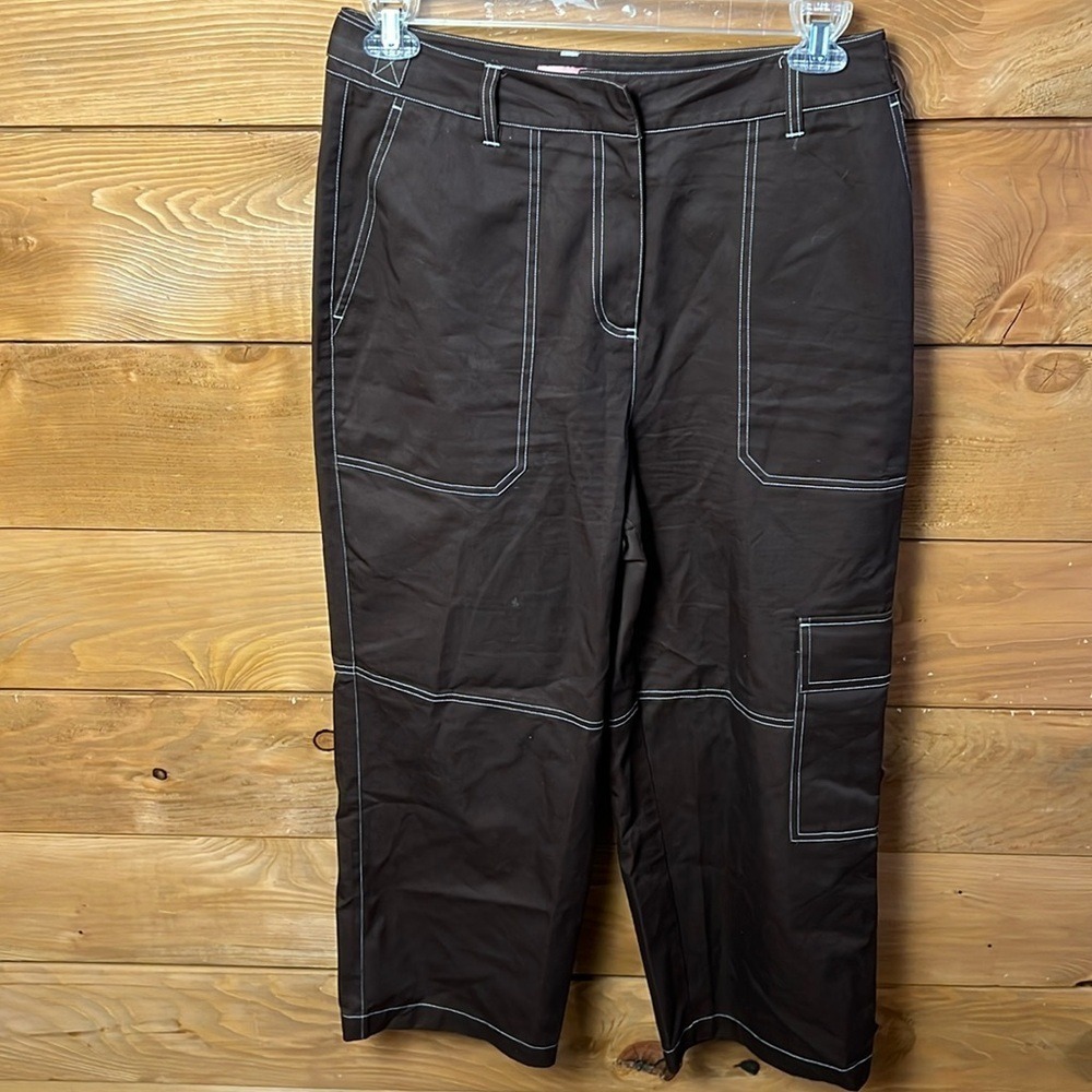 KITRI Revolve Brown Wide Leg Cargo Crop Pants Women 10 Contrast Stitch Grunge